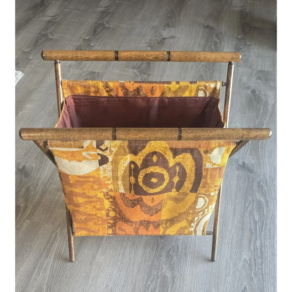 Vintage 60s Folding Knitting Sewing Basket Abstract 1960s MCM Mod Magazine